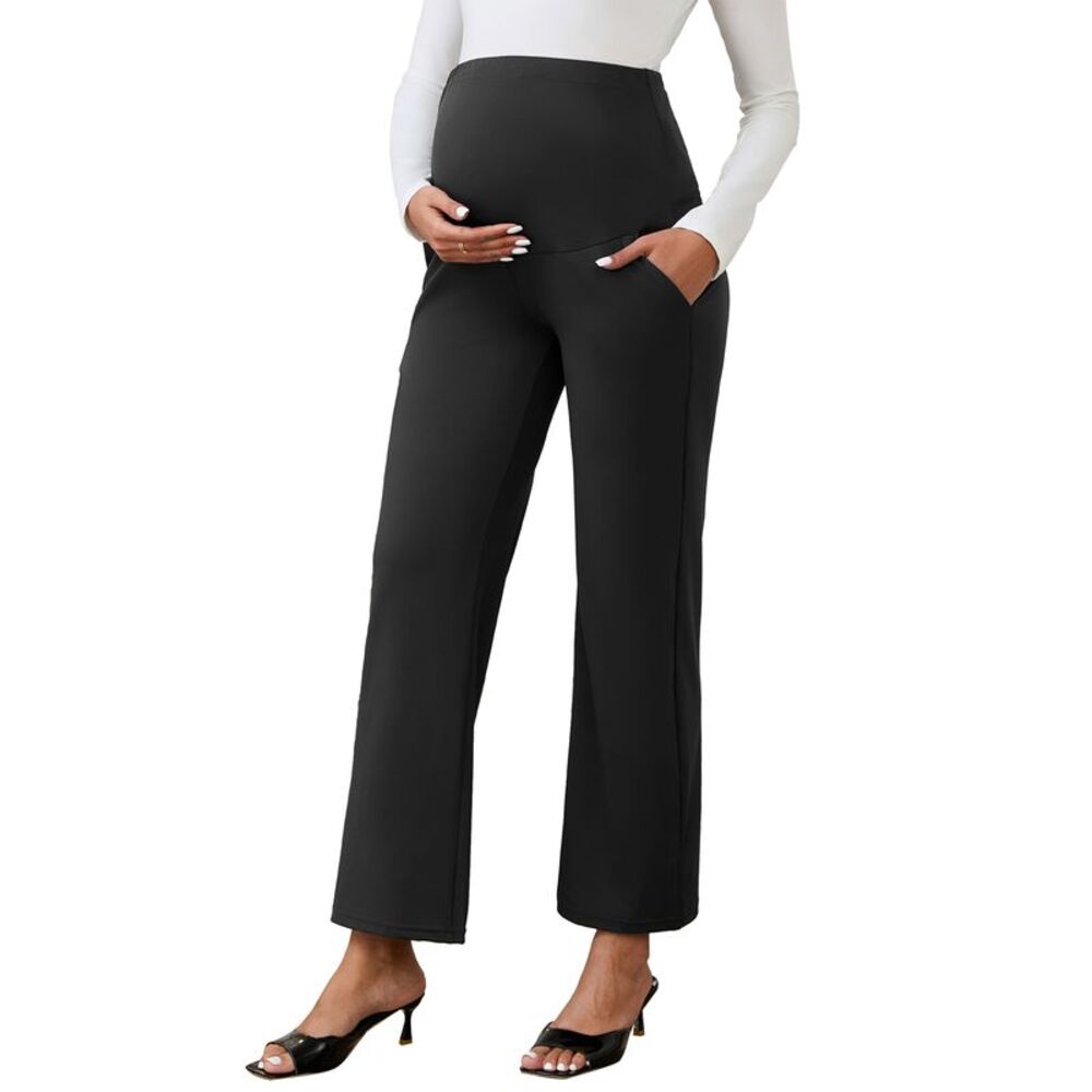 Wide Leg Maternity Over Belly Elastic Stretch Trousers with Pockets Black